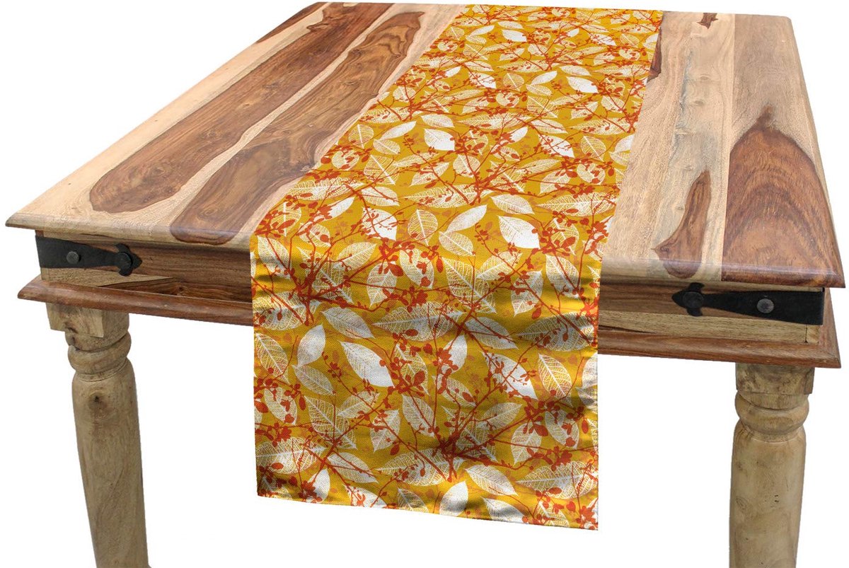 ABAKUHAUS herfst-tafelrunner – Run_57617 40x300 cm – bladdesign oranje-wit