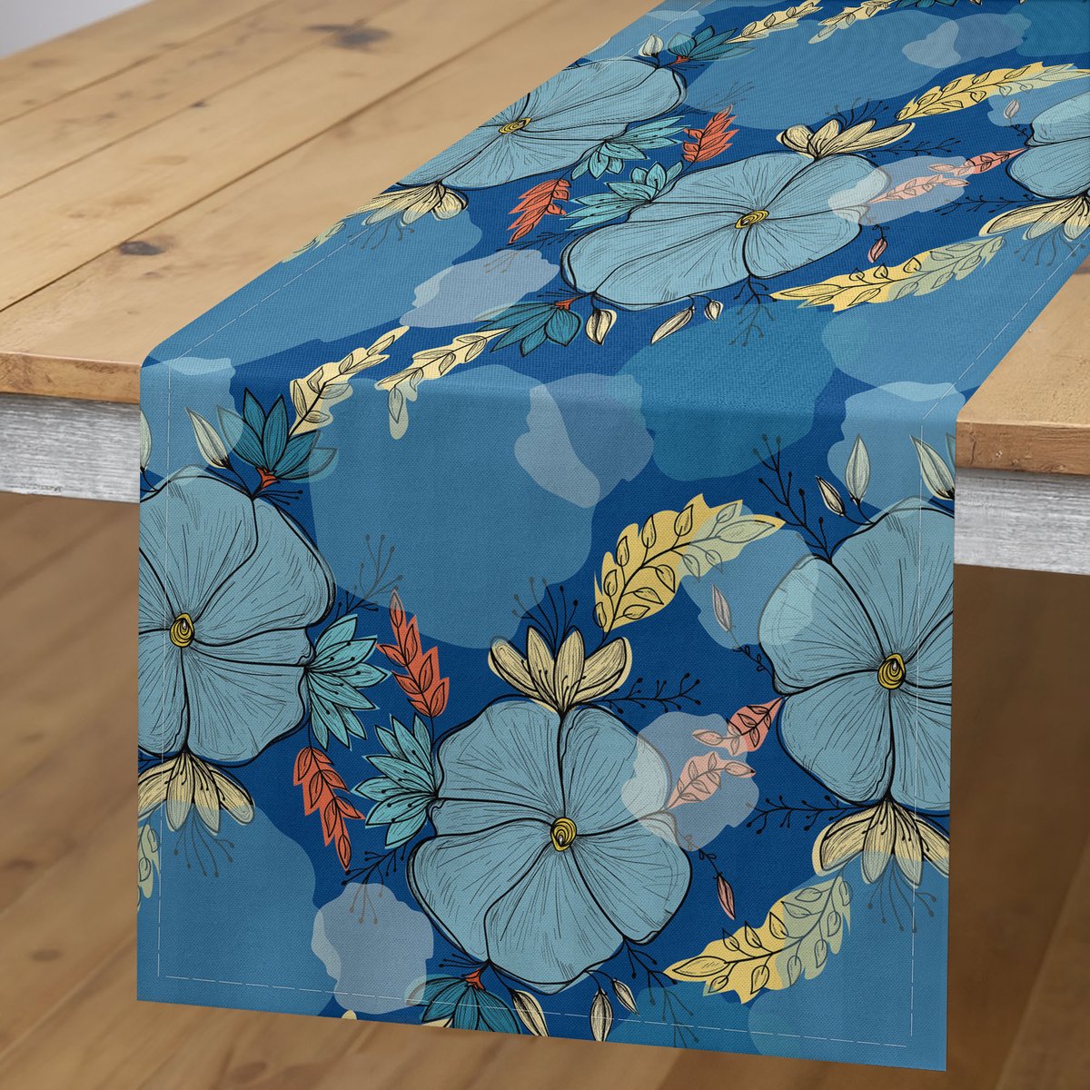 ABAKUHAUS Bloemen-tafelloper – Doodle-bloemen Boho – 40×225 cm – blauw