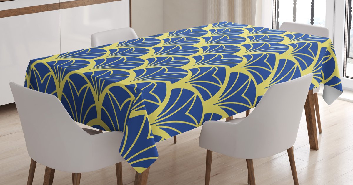 Abakuhaus Art Deco tafelkleed – 140×200 cm – zijde-satijnlook – geel/blauw