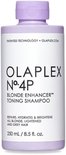 Fles Olaplex No.4P Blonde Enhancer Toning Shampoo 250ml met paarse dop op zwarte achtergrond.
