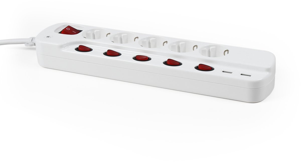 McPower Stekkerdoos met schakelaar - Verdeeldoos 5-voudig - 2 USB A laadpoort - Verdeelstekker met 1.5 meter kabel - Wit