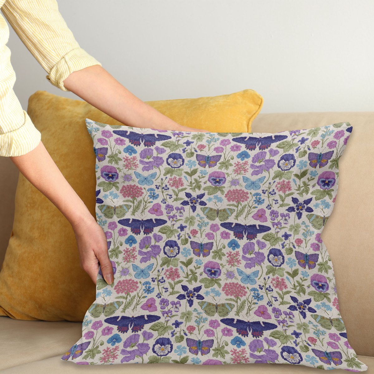 ABAKUHAUS Kussenhoes – Bloemenprint – Bleek tan en meerkleurig – 50x50 cm – Met rits Pale Tan en veelkleurig
