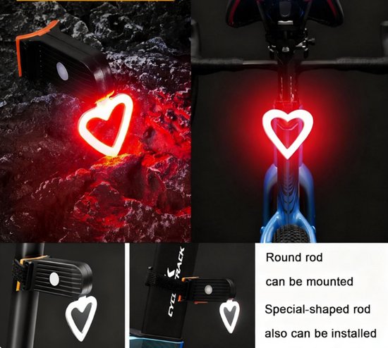 Fietsachterlicht - Oplaadbaar - LED - Fietsnachtlampje - Nachtachterlicht - Hoge helderheid - Veiligheidswaarschuwingslicht - Creatief achterlicht - 5 standen - Geschikt voor nachtelijk fietsen en wielrennen - Hartvormig - Rood — afbeelding 5
