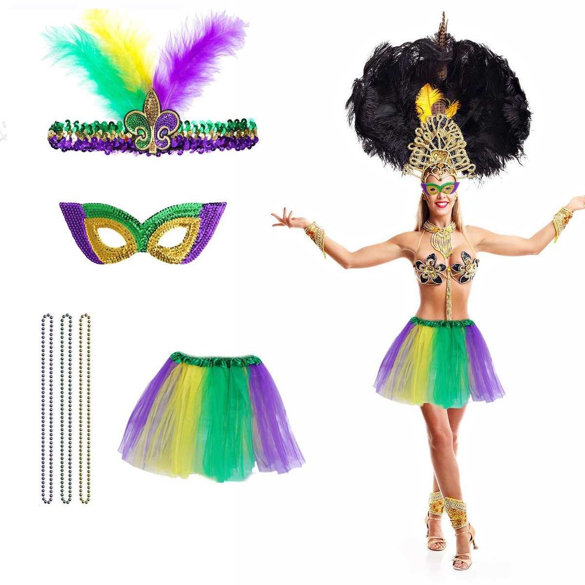 6 stuks Mardi Gras kostuum accessoires set faux veer hoofdband maskerade masker kralen kettingen tutu rok voor vrouwen meisjes