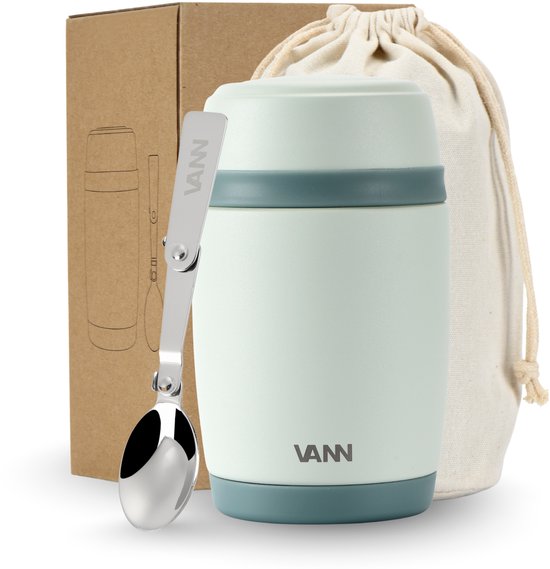 Boîte à lunch thermos VANN® 450ML – Verre de soupe à emporter, Verre de yaourt à emporter – Verre de muesli avec cuillère – Conteneur de nourriture thermos - Greygreen