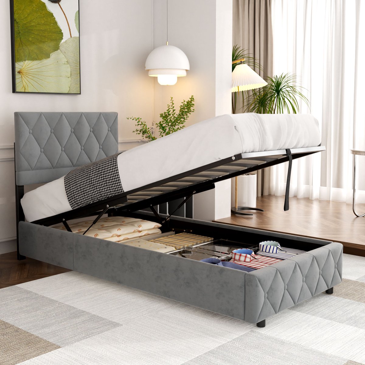 OKWISH Opbergbed 90x190 cm - Eenpersoonsbed - Gestoffeerd Bed - Veel Opbergruimte - Stevig Bedframe - Lichtgrijs