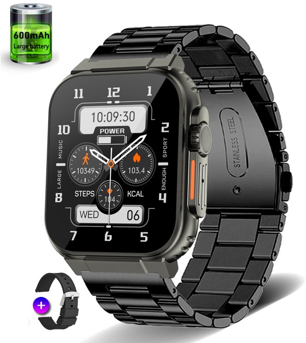 Knobbout 1.96"Scherm Smartwatch - Bluetooth belfunctie-Super sterke batterij 600MAH- met o.a. NL menu - 44mm HD scherm- Zinklegering horlogekast - Bloeddrukmeting&Bloedzuurstof functie - Opnamefunctie - Slaapmonitor - Zwart Staal+silicone band