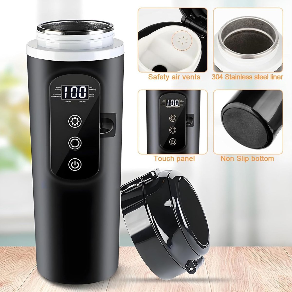 Auto waterkoker - Reis waterkoker - 500 ml - 12V/24V aansluiting- Roestvrij - Met beeldscherm - Instelbare temperatuur - Automatische uitschakeling - Lekpreventie - Temperatuurweergave - Geschikt voor kleine auto's - Zwart — afbeelding 4