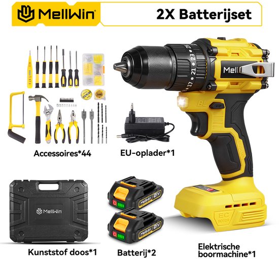 Accuschroefboormachine, 28 V, draadloos, met 2 accu's 24 accessoires, 25 3 led-koppelinstellingen voor knutselen