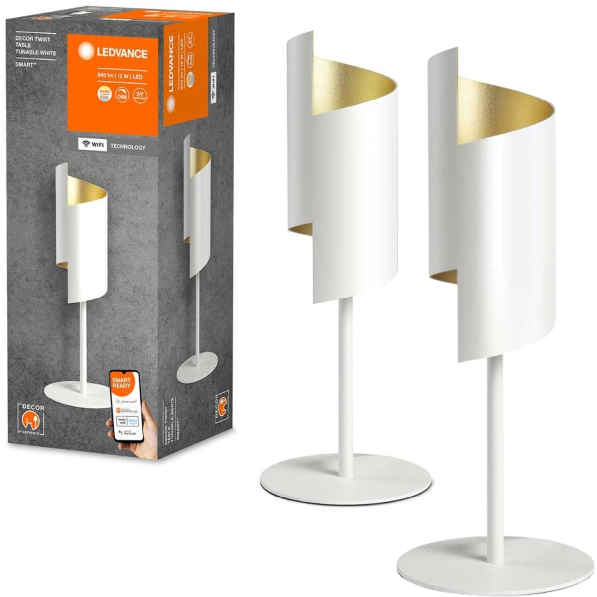 2x Smart Design LED Tafellamp Twist - Wit met goud - 39 cm