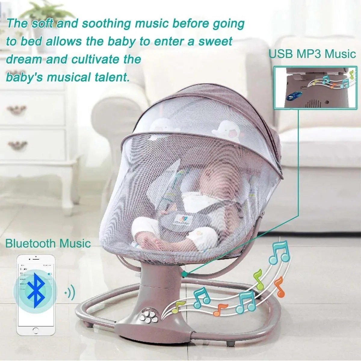 Tresaro Wipstoeltje - Elektrische babyschommel - Babybed - Wieg Met Bluetooth - 0-24 mnd - Grijs