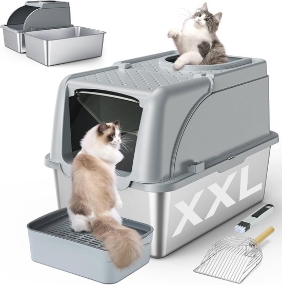 WANTRYAPET Roestvrijstalen Kattenbak Met Deksel, Overdekte Jumbo Dubbele Ingang Ingesloten Grote Klapdeur En Kattenbakschep Voor Eenvoudige Reiniging Xldarkgrey 2214161462