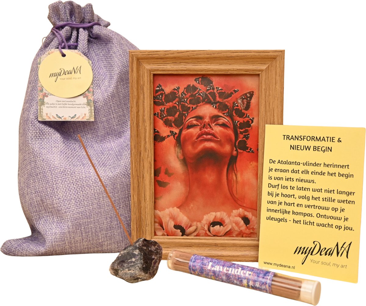 Zakje Nieuw Begin - Mini artprint Vlinder in lijstje, amethist wierookhouder & wierook, spiritueel geschenk, cadeau vrouw