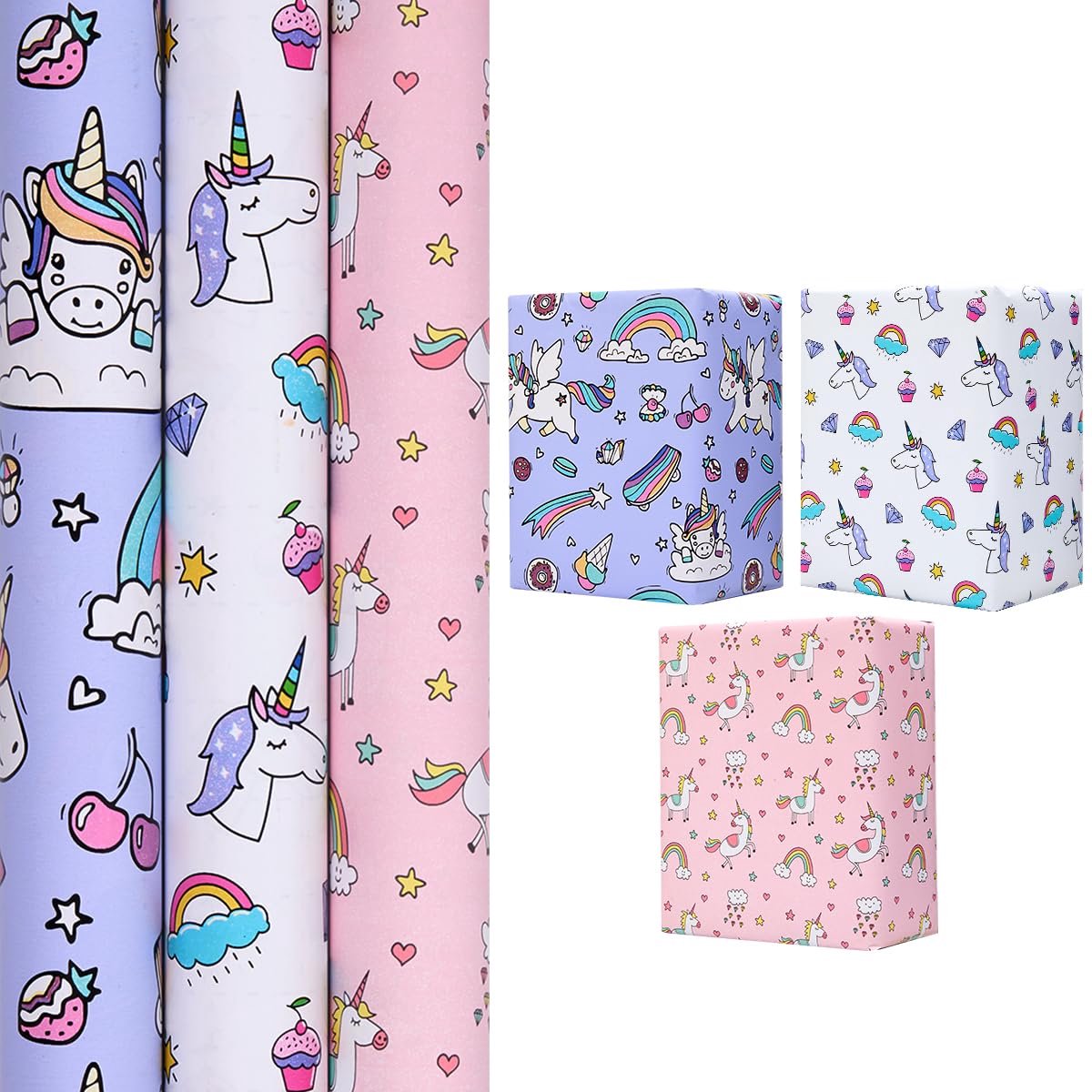 IMPERATORIS® Cadeaupapier - Inpakpapier - Perfect voor Alle Feestelijke Gelegenheden - Party Design - Duurzaam - Verjaardag - Roze-Wit-Paars - 3 Rollen