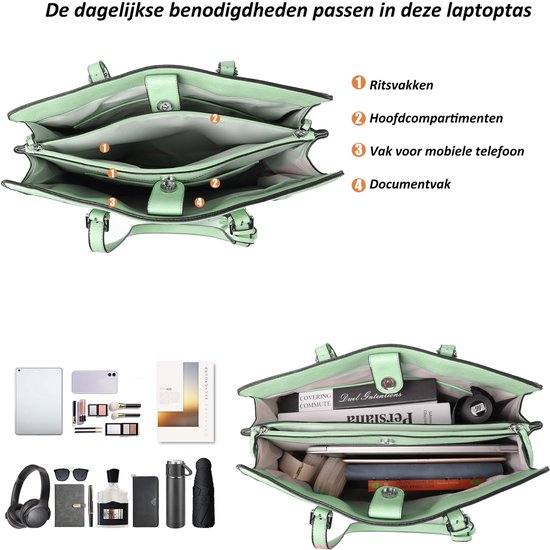 Open lichtgroene laptoptas met interne vakken, naast een verzameling cosmetica, een tablet, koptelefoon en accessoires.
