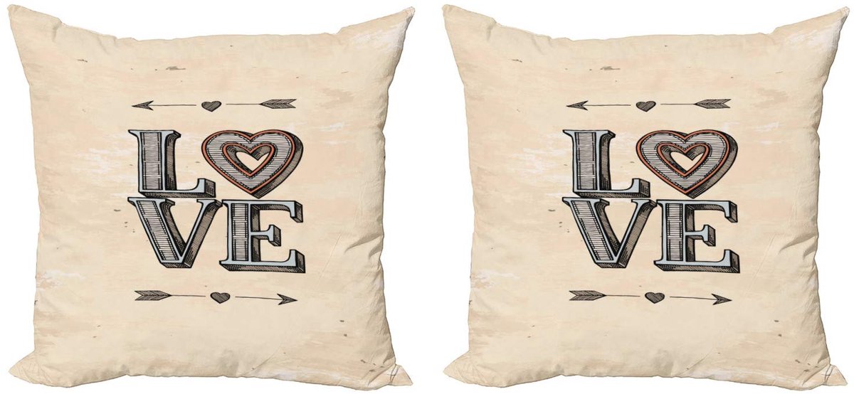 ABAKUHAUS Liefde Kussenhoesenset – 2x40x40 cm – Dubbelzijdige Digitaaldruk – Beige/Grijs/Oranje