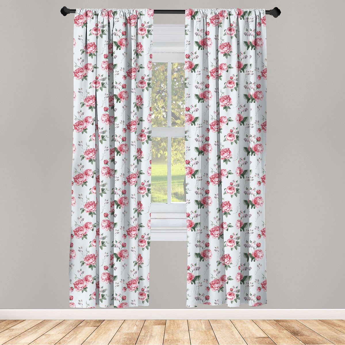 ABAKUHAUS Shabby Flora – Voorhangen 75x245 cm – 2 stuks – amandelgroen lichtroze