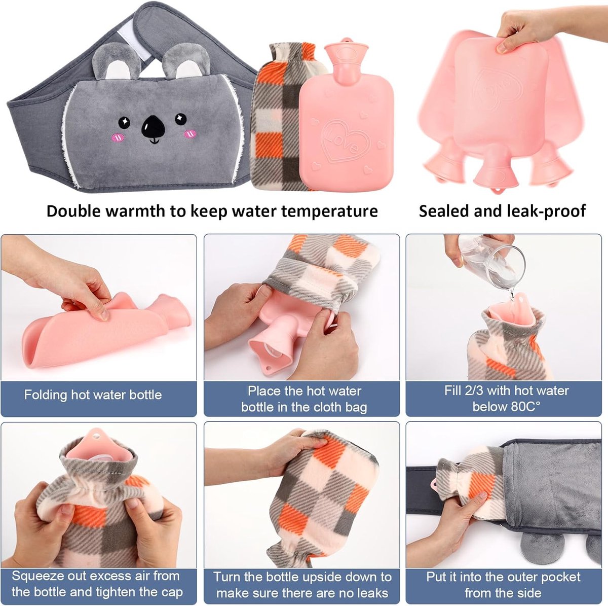 Met water gevulde warme riem, driedelige set, warm in de winter, grijs