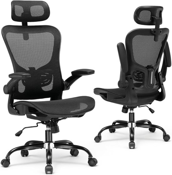 Vooraanzicht en achteraanzicht van een zwarte ergonomische bureaustoel met hoofdsteun.