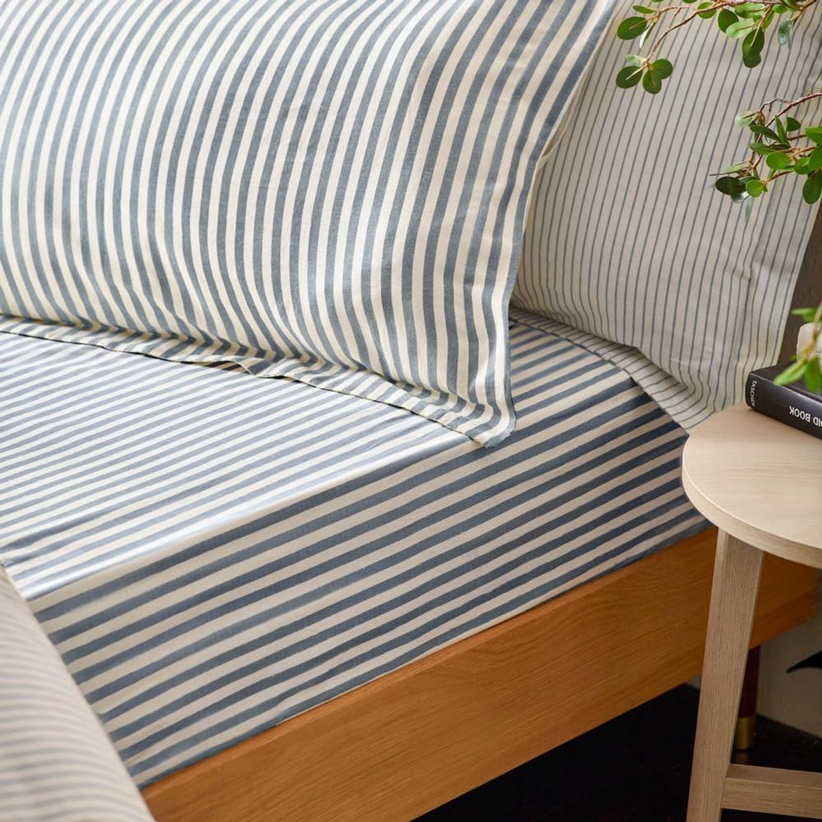 Famanu Melange gestreepte katoenen kussensloop paar, marineblauw
