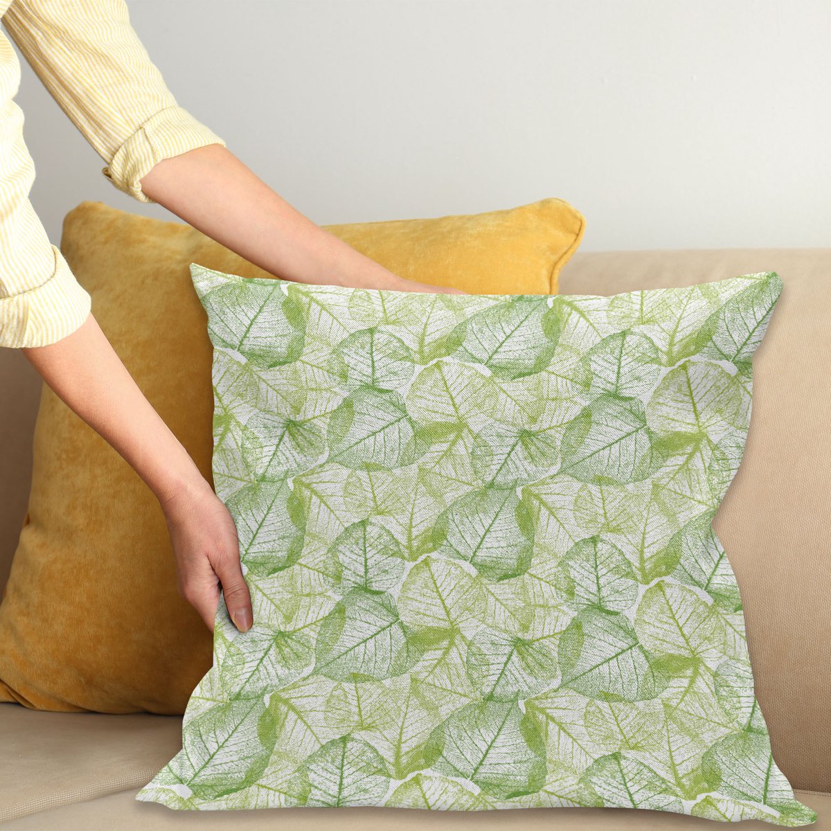 ABAKUHAUS Kussenhoes – Bladeren Digitaldruk – 40x40 cm – Limoen Groen Limoengroen
