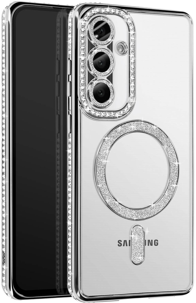 Avizar Diamant hoesje Geschikt voor Samsung Galaxy A36 MagSafe Omtrek Strass, Zilver
