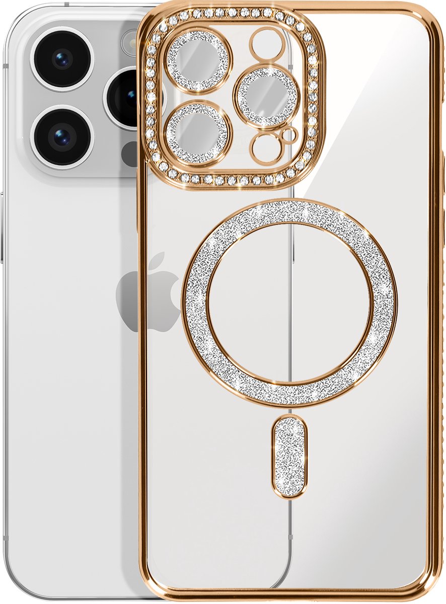 Avizar Diamond hoesje Geschikt voor Apple iPhone 14 Pro MagSafe Omtrek Strass, Goud