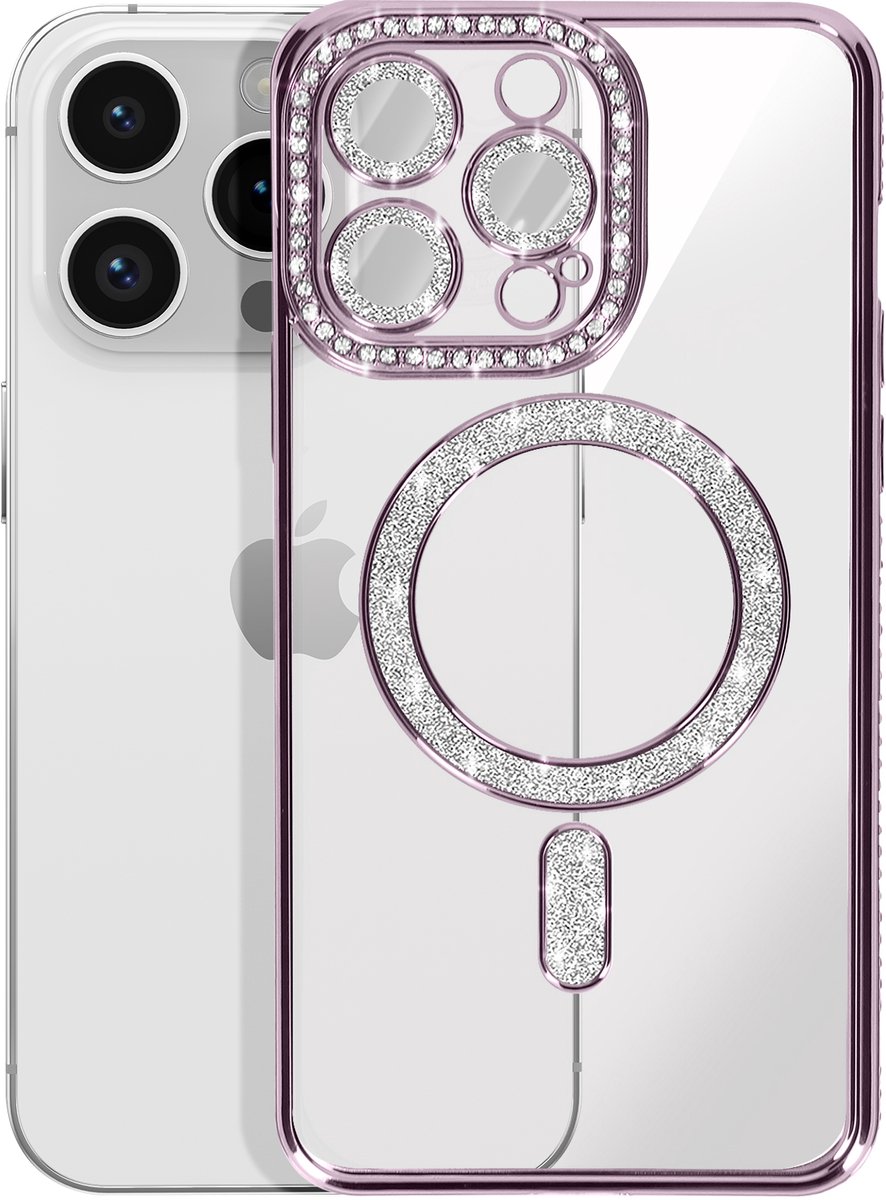 Avizar Diamond hoesje Geschikt voor Apple iPhone 14 Pro MagSafe Omtrek Strass, Paars