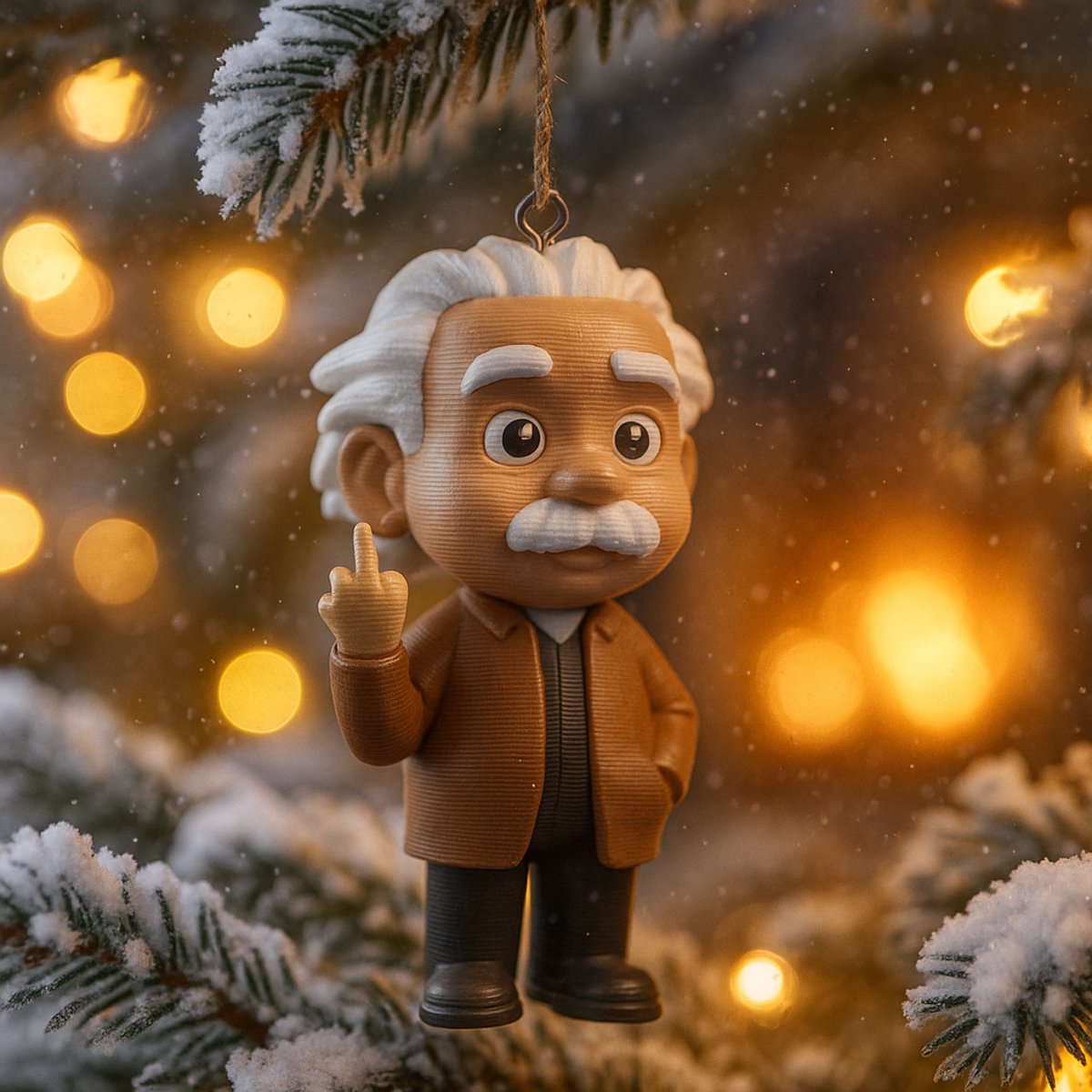 AnimalsAttitude – Kleine Albert Einstein Kersthanger met Middelvinger – 3D-geprint PLA Beeldje – Humoristische Kerst Decoratie