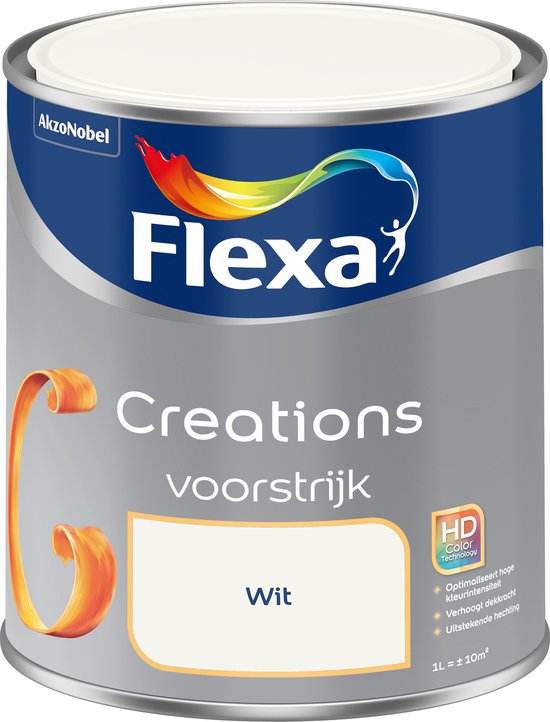 Blik Flexa Creations voorstrijk wit 1L met oranje krul-detail en gekleurde logo-strip.