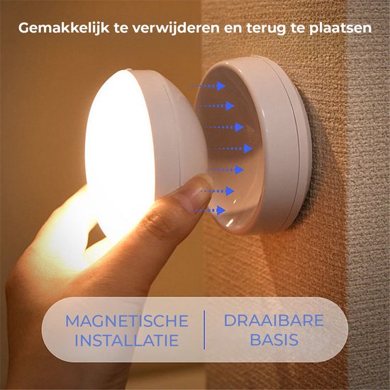 Een hand verwijdert een draadloze LED-lamp met bewegingssensor van een muur, met pijlen die magnetische installatie en draaibare basis aangeven.