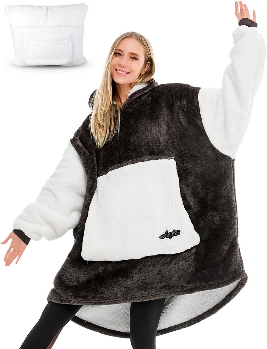 Oversized Velvet & Sherpa Hoodie Blanket - Grijs