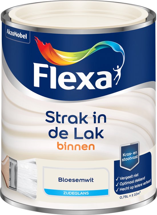 Flexa Strak in de Lak peinture intérieure, satiné, couleur Bloesemwit. Boîte avec logo et texte.