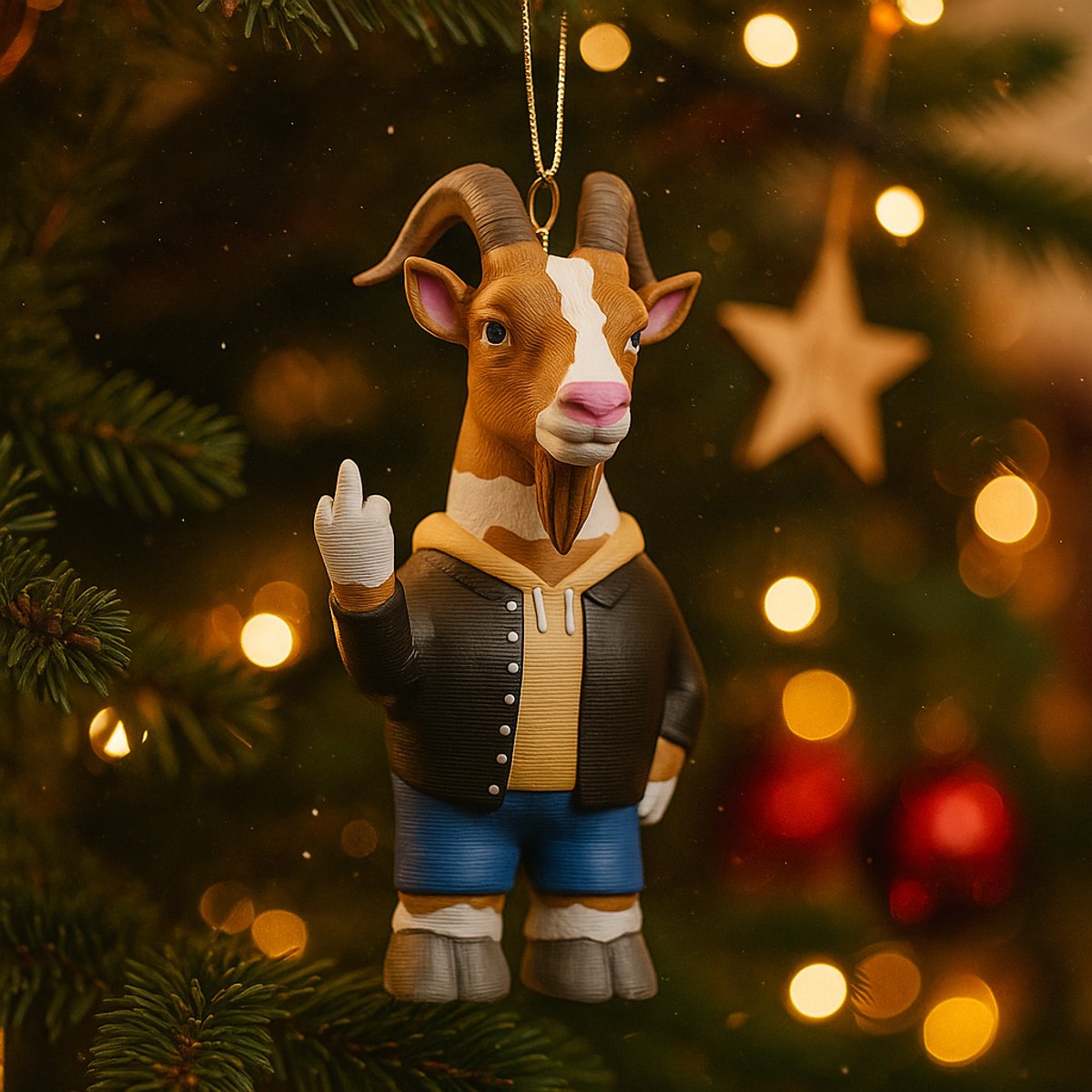 AnimalsAttitude – Middelgrote Geit Kersthanger met Middelvinger – 3D-geprint PLA Beeldje – Humoristische Kerst Decoratie