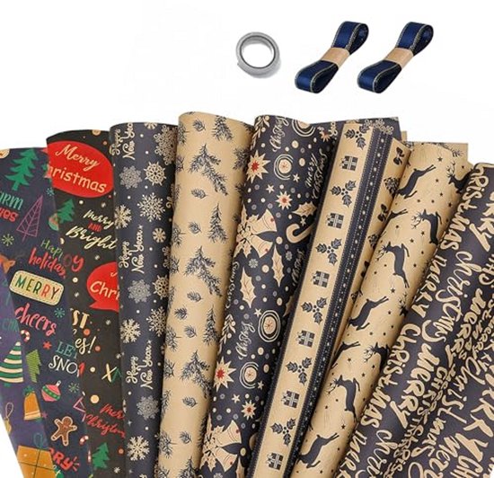 YSWOVUO Cadeaupapier 5 rollen 300 cm x 43 cm voor Valentijnsdag, verjaardag, bruiloft, doop en feest - met 2 linten en 2 plakband