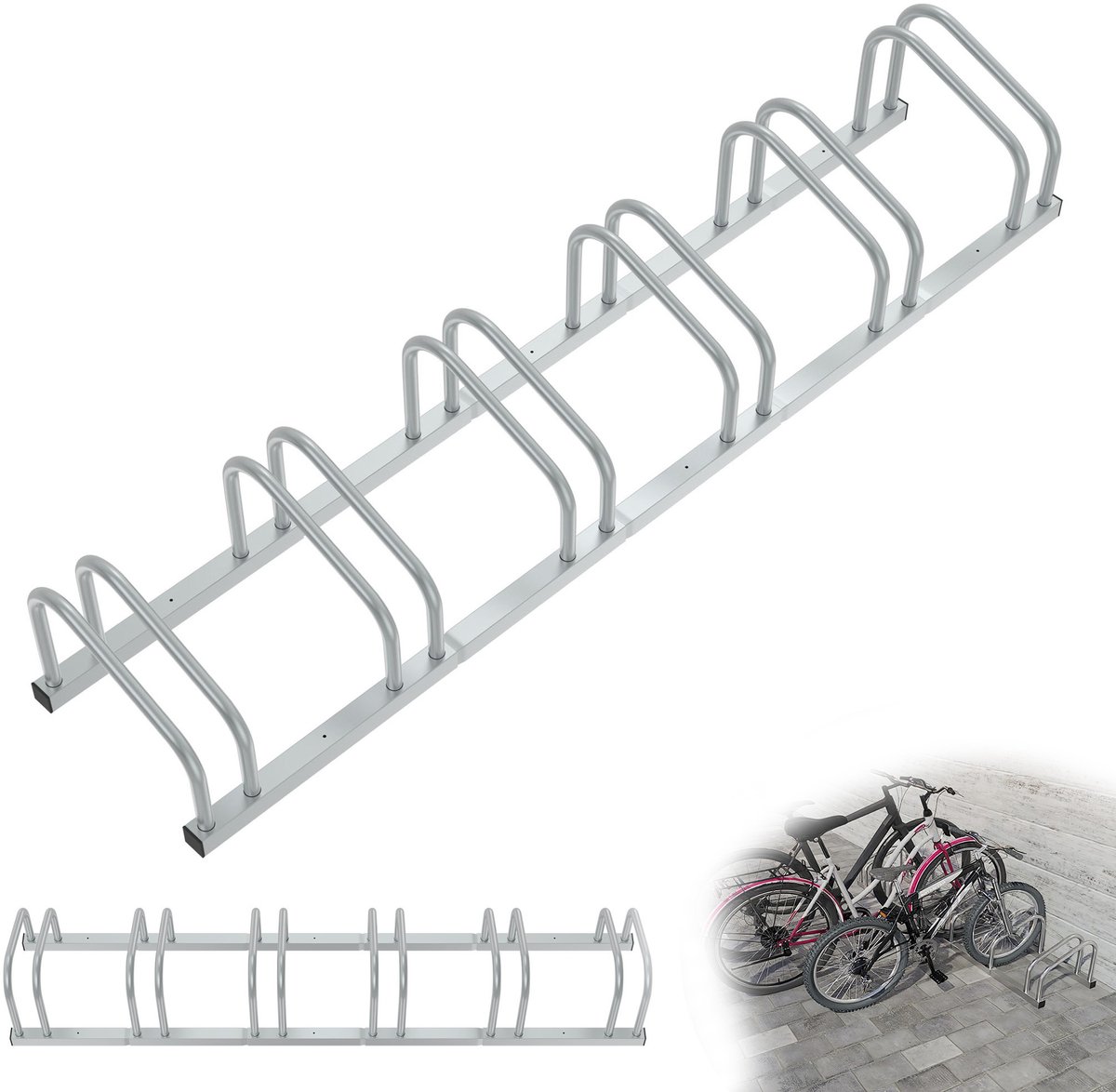 Professionele fietsenrek voor 6 fietsen Metalen meerplaatsige standaard Fietshouder voor e-bikes en bakfietsen (37 cm afstand) voor bandenbreedte 30-65 mm Eenvoudige montage aan muur/vloer Zilver