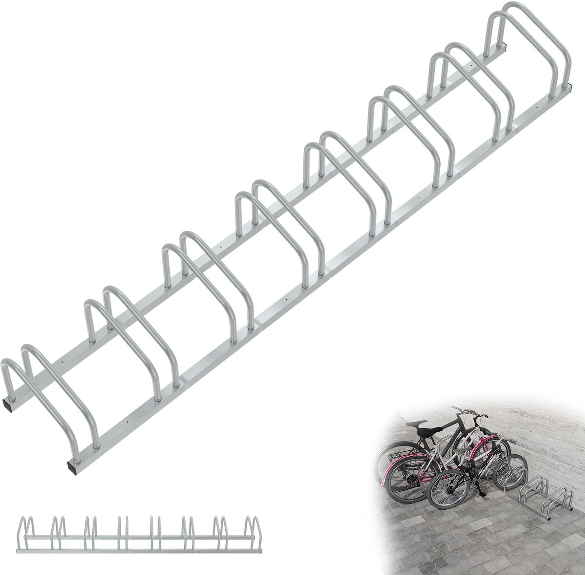Professionele fietsenrek voor 8 fietsen Metalen meerplaatsige standaard Fietshouder voor e-bikes en bakfietsen (37 cm afstand) voor bandenbreedte 30-65 mm Eenvoudige montage aan muur/vloer Zilver
