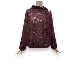Blouse, kant, doorschijnend, bordeaux, one size