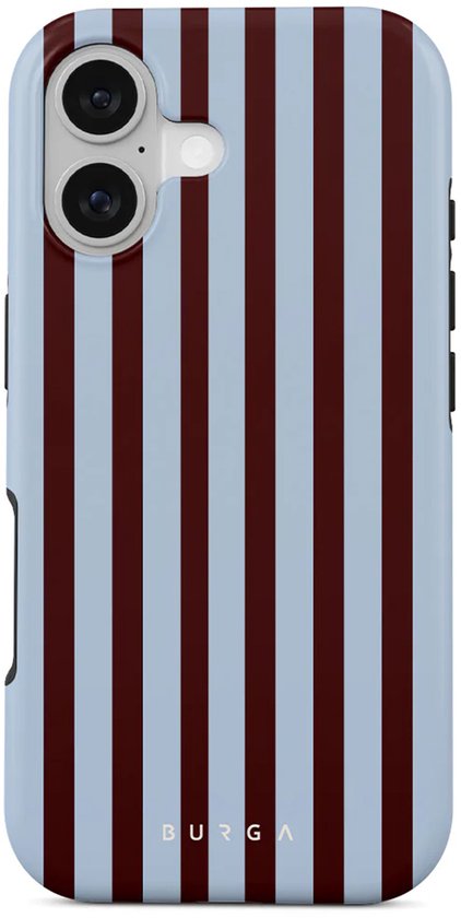 Lichtblauwe telefoonhoes met verticale, bordeauxrode strepen en een Burga-logo.