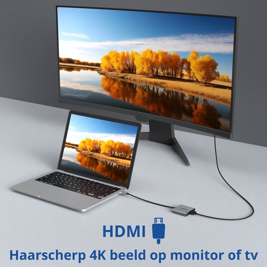 Rolio USB-C adapter aangesloten op laptop en 4K monitor. Grijze adapter met HDMI, USB 3.0 en USB-C poorten voor haarscherp beeld.