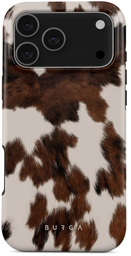 Telefoonhoes met koeienhuidprint, zwart en bruine vlekken, met camerablok.