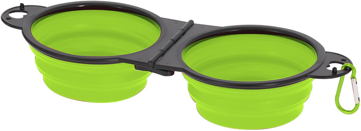 Dubbele opvouwbare dieren voerbak 450ml - stevig TPE- kleur Groen - inclusief karabijnhaak