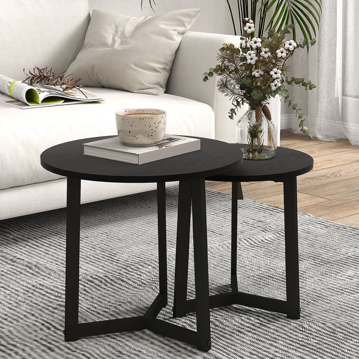 Wishdor Salontafel set van 2, ronde nestbare bijzettafels Ø48 x 45H cm & Ø40 x 40H cm, zwart, staal en melamine-MDF