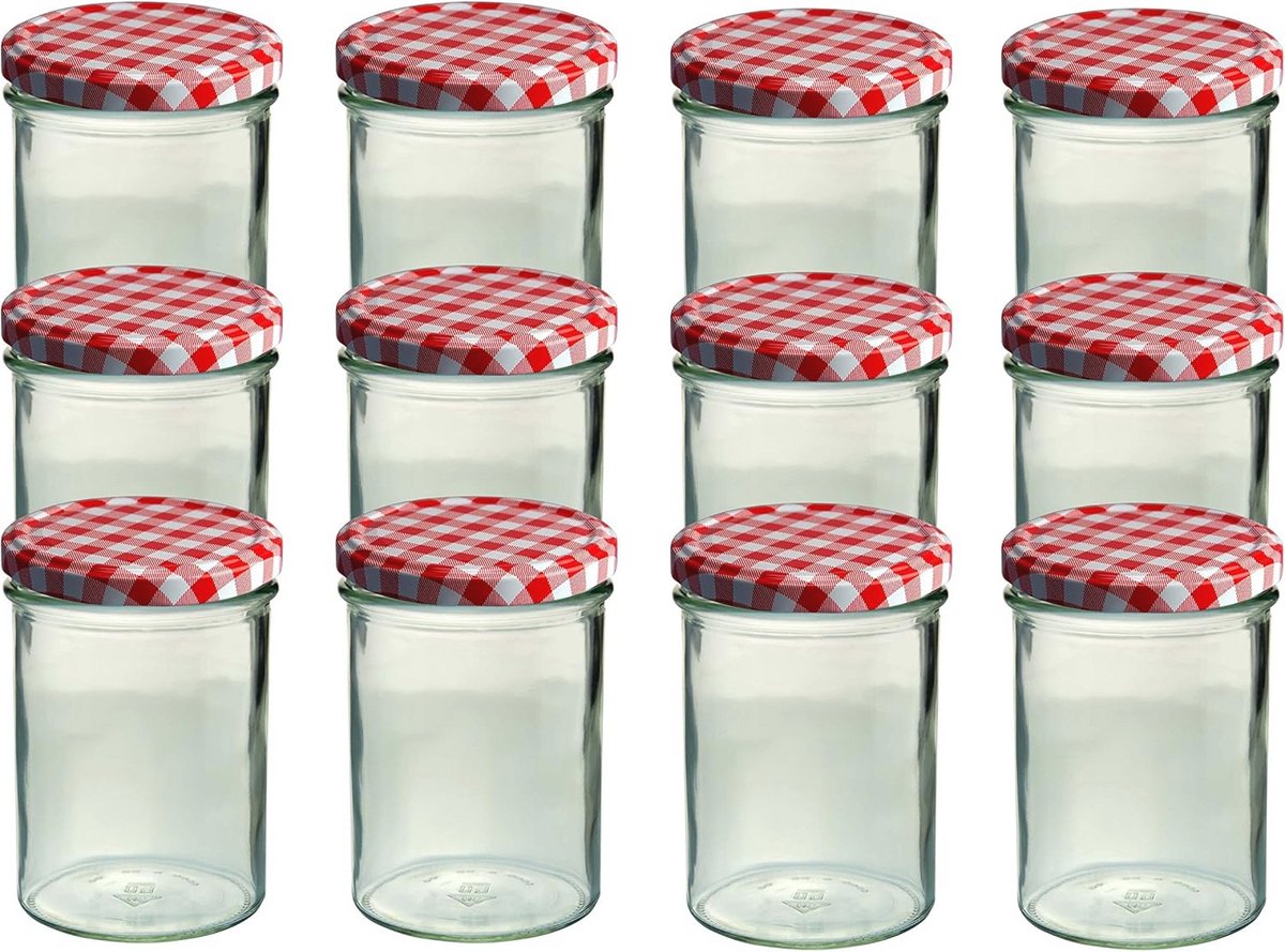Set van 12 Inmaakpotten 435 ml met Rood Geruit Deksel