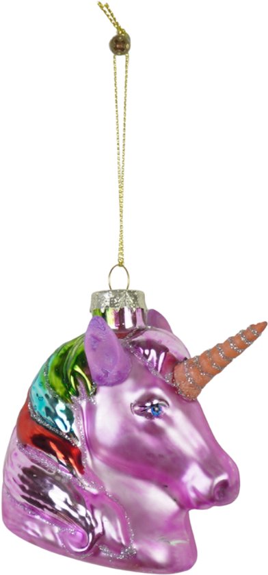 Roze glazen kersthanger van een eenhoornkop met regenboogkleurige manen, zwevend op een witte achtergrond.