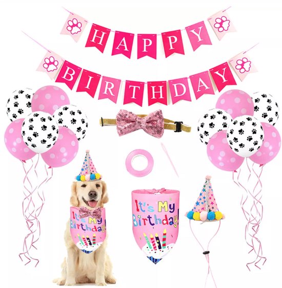Ensemble d'anniversaire pour chien Rose - Anniversaire Chien Articles de Fête - Décoration de Fête Animaux de Compagnie - Ballons Empreinte de Patte Chien - Guirlande d'Anniversaire - Chapeau de Fête pour Anniversaire Chien - Bandana d'Anniversaire