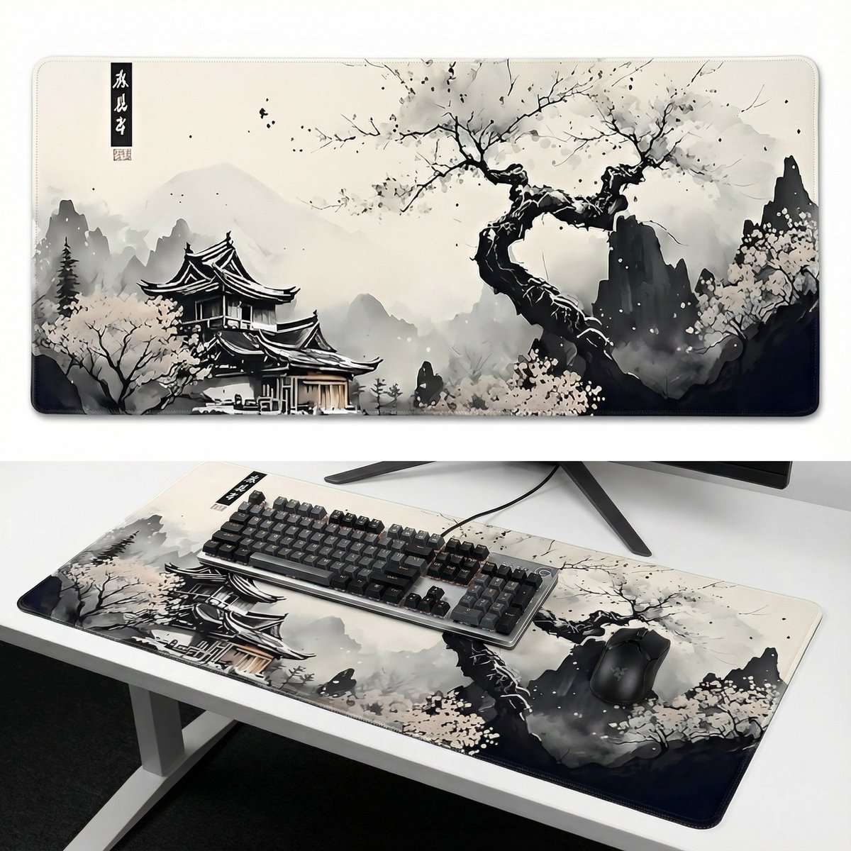 Zen Design XXL Muismat 90x40 – Japans Landschap – Anti-slip – Bureau Onderlegger
