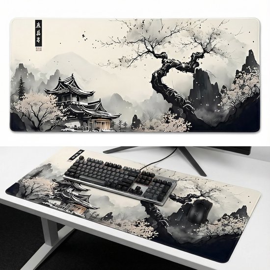Zen Design XXL Muismat 90x40 – Japans Landschap – Anti-slip – Bureau Onderlegger