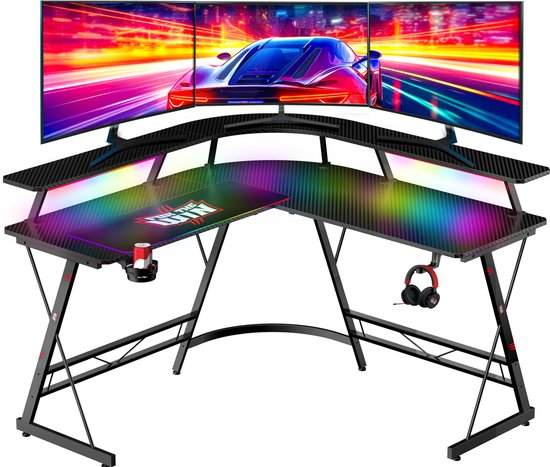 For The Win L Vormig Hoekbureau – 130x130x75 cm – Game Bureau met LED Verlichting – Gaming Bureau – Computertafel – Incl. Gaming Muismat – Game Desk – Gaming Bureaus