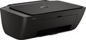 Zwarte HP DeskJet printer met een schuine opstelling, gezien vanaf de voorkant en zijkant.